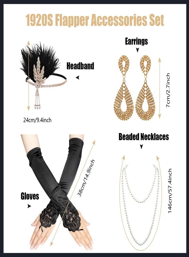 iHUFeather Women 1920s Flapper Set with Feather Headband Beaded Necklaces Earrings Black Gloves for Great Vintage Wedding Costume Accessories - Image 2